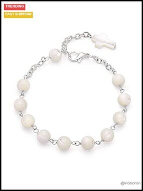 Mother of Pearl Rosary Bracelet Catholic Gift Stainless Steel Chain